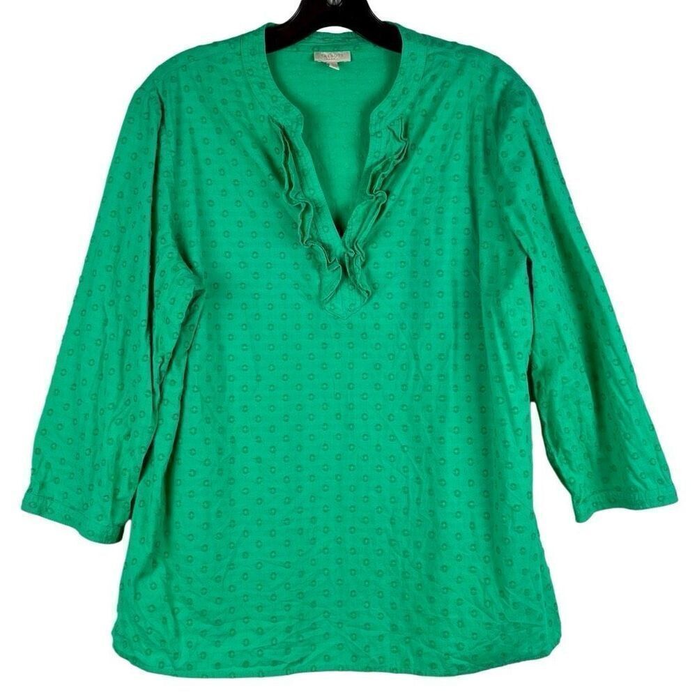 Talbots Green Texture Dots V-neck Ruffle Blouse Medium